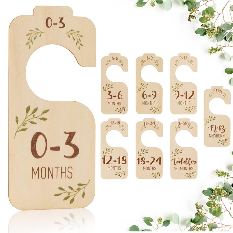 Giftacity Baby Closet Dividers for Clothes Organizer - Set of 8 Beautiful Wooden Double-Sided Baby Clothes Size Hanger Organizer from Newborn to 24 Months for Boho Nursery Decor - Image 1